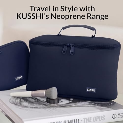 KUSSHI Neoprene Train Case Makeup Bag - Washable Makeup Travel Bag & Vanity Case for Stress Free Travel (Large, Navy/Khaki) - color: Navy/Khaki, size: Large