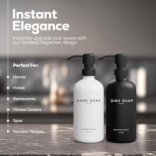 Luxury Glass Hand and Dish Soap Dispenser Set by Brighter Barns - Kitchen Soap Dispenser Set with Stainless Steel Pump for Kitchen Sink - Neutral Modern Farmhouse Home Decor for Airbnb (Black/White) - color: Black White Hd