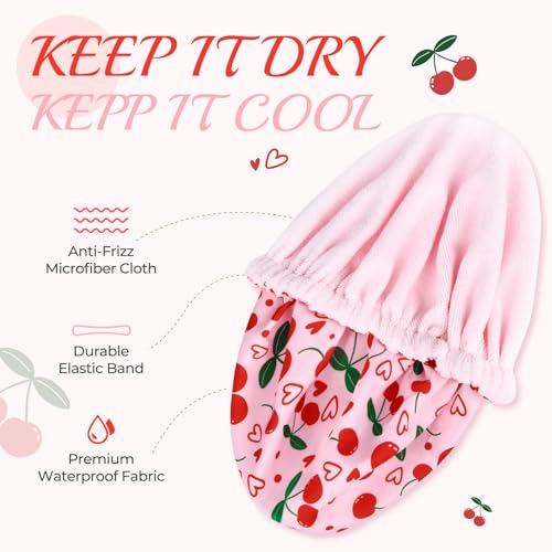 Shower Cap for Women Terry Lined Bath Cap Large Reusable Waterproof Elastic Band Pink Cherry Shower Caps for Long Thick Hair Soft Bath Shower Hair Caps - color: Pink Cherry Heart