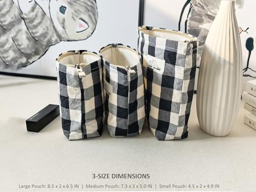 HAPPYHEIDI Large Cotton Black White Checker Makeup Bag with Compartment Cosmetic Toiletry Travel Pouch,Purse Accessory Organizer,Canvas Lined - color: Cotton Checker Large - w Compartment