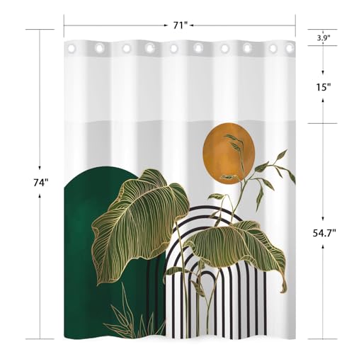 No Hook Shower Curtain with Snap in Liner Set, Modern Botanical Tropical Leaf with Abstract Arch Print Shower Curtains for Boho Art Deco Bathroom, Mesh Top Waterproof Bath Curtain, 71x74 Inch - color: Boho Tropical Leaf