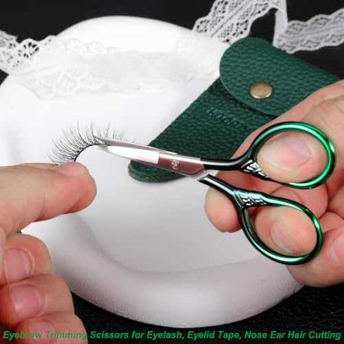 Small Sharp Scissors for Women Men Eyebrow Hair Beauty Grooming | All Purpose Tiny Travel Kit, for Beard, Moustache, Eyelash, Sewing, Embroidery, Detail Thread Paper Cutting with PU Cover - color: Dark Green