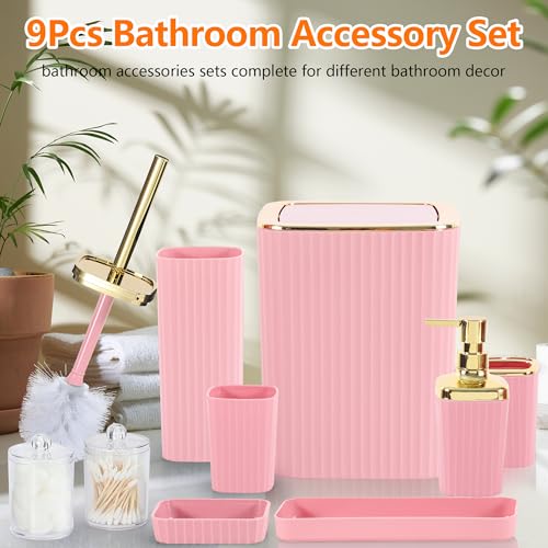 Bathroom Accessory Set,9 Pieces Pink Bathroom Accessories Set with Trash Can, Toothbrush Holder, Soap Dispenser, Toothbrush Cup, Vanity Tray, Soap Dish, Toilet Brush, Qtip Holder - color: Pink