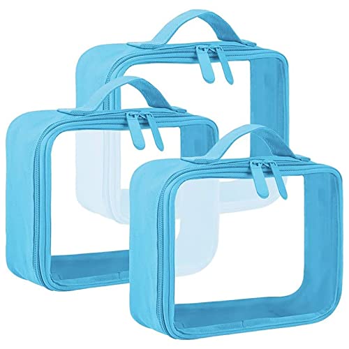 ANRUI TSA Approved Toiletry Bag with Handle Strap, Clear Travel Liquids Toiletries & Cosmetics Organizer Carry-On Luggage for Women and Men 3 Pack (Same Size), 3 - Blue, 3 Count (Pack of 1), Clear