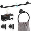 TQKAG 5 Piece Bathroom Towel Bar Holder Sets Matte Black Bathroom Hardware Set Stainless Steel Toilet Paper Holder with Shelf Bathroom Accessories Kit Wall Mounted - color: Matte Black, size: 5-Pieces Set-A