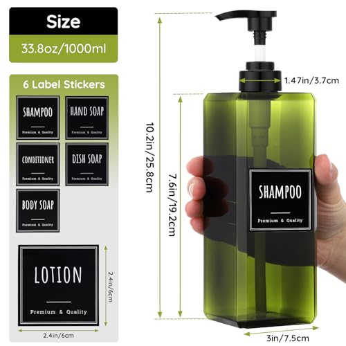 Segbeauty 33.8oz Square Shampoo and Conditioner Dispenser, 3pcs Large Capacity Plastic Soap Dispenser Bathroom, Green 1000ml Empty Lotion Pump Bottle Soap Hand Wash Bottles with Waterproof Labels - color: Green, style: 3pcs