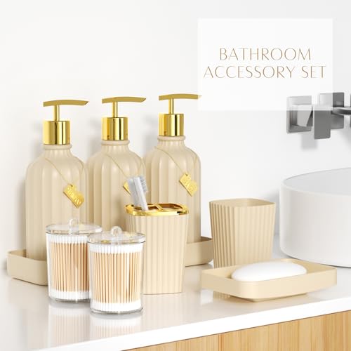 21PCS Bathroom Sets with Shower Curtain and Rugs Bathroom Accessories Set Beige Bathroom Set Complete with Trash Can, Toilet Brush, Qtip Holder & 3PCS Soap Dispenser - size: Bath Set+Marble Shower Curtain+Rugs, style: Beige