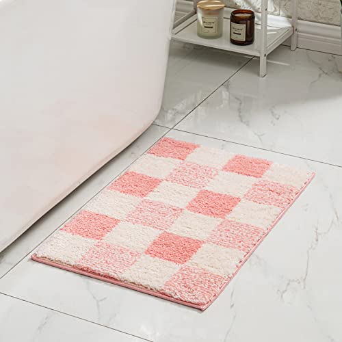 CozeCube Bath mats for Bathroom Non Slip, Fluffy Absorbent Microfiber Bath mat Washable, Aesthetic Bathroom Rugs, Cute Blossom Pink Checkered Bath mat, Blossom Pink, 32" x 20" - color: Checkered-blossom Pink, size: 2'8" x 1'8" (Rectangular)