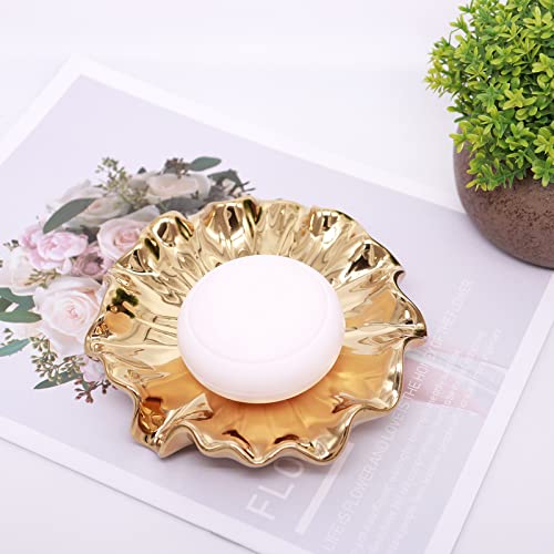 Soap Dish with Drain Ceramic Gold Lotus Leaf Soap Holder Soap Saver for Bar Soap, Kitchen Sink, and Bathroom Shower - color: Gold
