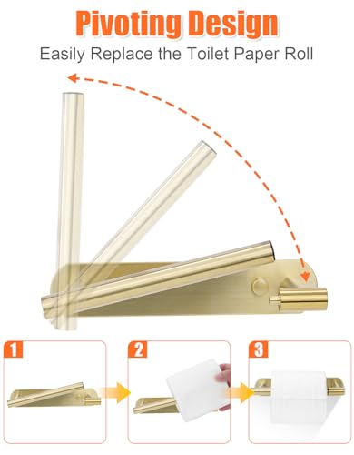YUET Toilet Roll Holder, Self Adhesive or Screw in Wall Mounted Options, Double Post Pivoting Tissue Roll Holder, Stainless Steel Rustproof Stick On No Drilling Wall Mount for Bathroom, Brushed Gold - color: Gold-pivoting