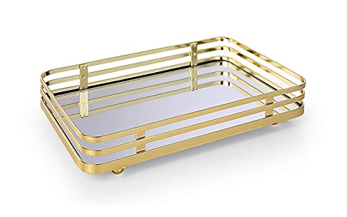 SunnyPoint Classic Decorative Vanity Perfume Dresser Jewelry Organizer Makeup Mirror Tray (Polished Gold) - color: Polished Gold, size: 10.4" x 6.7" x 2"