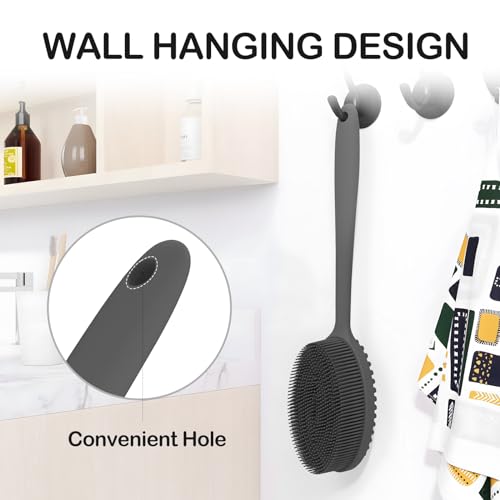 MateeyLife Silicone Body Scrubber Exfoliator with Handle, Gentle Back Scrubber for Shower, Bath Scrubber for Body - color: Gray
