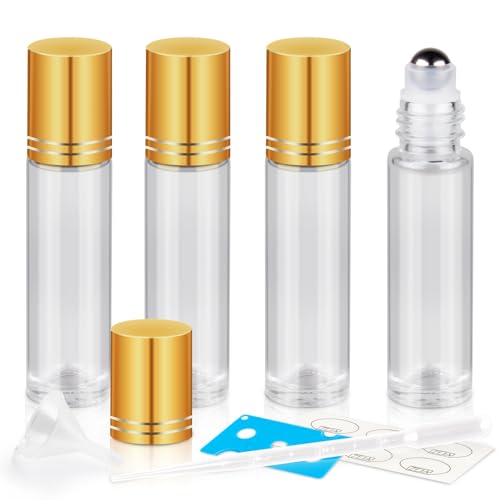 10ml Roller Bottles for Essential Oils, 4 Pack Glass Roll on Bottles, Refillable Perfume Bottle, with Stainless Steel Roller Balls, 2 Droppers, 1 Opener, Labels (Clear) - color: Clear