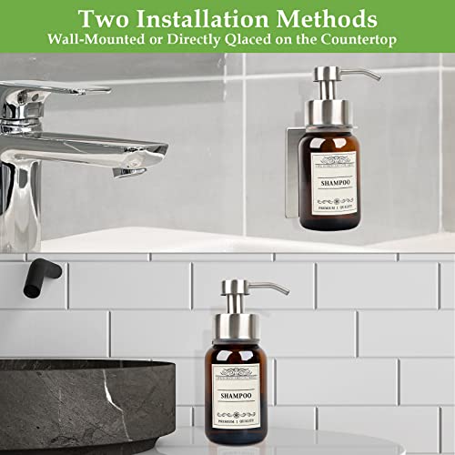 2Pack 8.5oz Brown Glass Bathroom Shampoo Dispenser, Silver Mount | Drill or no-drill setup with screws & adhesive patches; leakproof conditioner pumps for shower or RV. - color: Silver Set of 2