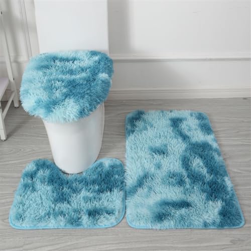 Bathroom Rugs Sets 3 Piece Thick Fluffy Soft Bathroom Rugs and U-Shaped Toilet Mat Washable Absorbent Floor Mat Blue Gradient - color: Blue Gradient