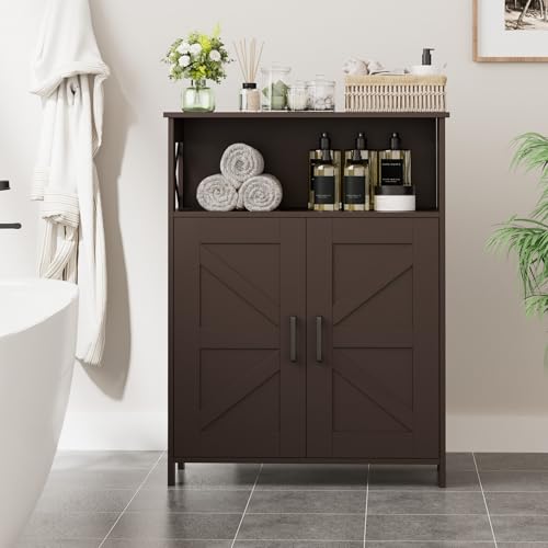 Homhedy Farmhouse Bathroom Storage Cabinet with 2 Doors, Toilet Paper Cabinet with Adjustable Shelf, Small Bathroom Cabinet for Kitchen/Laundry/Living Room, 11.8 x 23.6 x 31.5 Inches, Brown - color: Brown