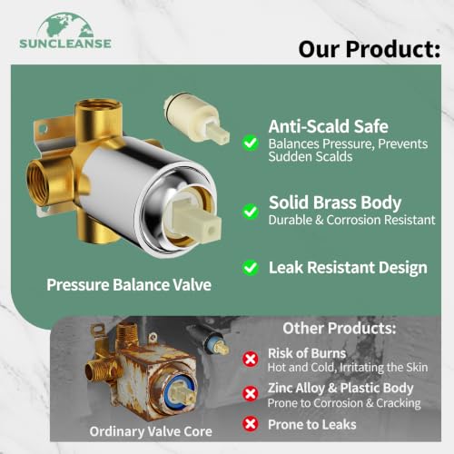 SunCleanse Tub Shower Faucet Set with Pressure Balance Valve, 8-Inch Rain Shower Head and Tub Spout, Single-Handle Shower Trim Kit, Shower Head and Handle Set for bathroom, Chrome - color: Chrome