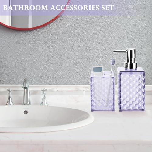 Bathroom Accessories Set 2 PCS, Purple Bathroom Accessories Include Soap Dispenser and Toothbrush Holder, Diamond Pattern Bathroom Set for Boho Bathroom Decor - color: Purple