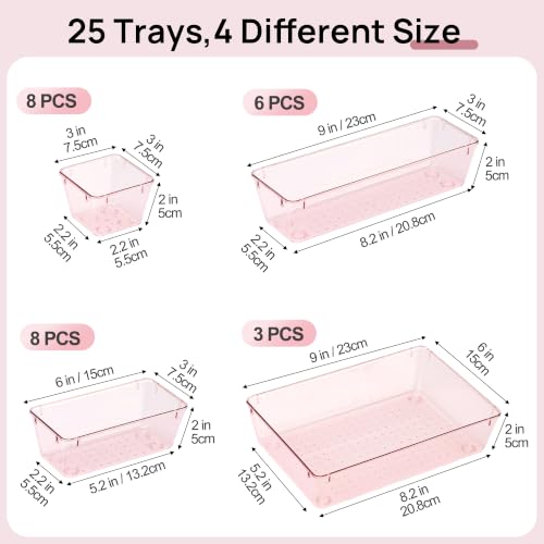 Vtopmart 25 PCS Plastic Drawer Organizers Set, 4-Size Versatile Bathroom and Vanity Drawer Organizer Trays, Storage Bins for Makeup, Bedroom, Kitchen Gadgets Utensils and Office - color: Clear Rose Glod