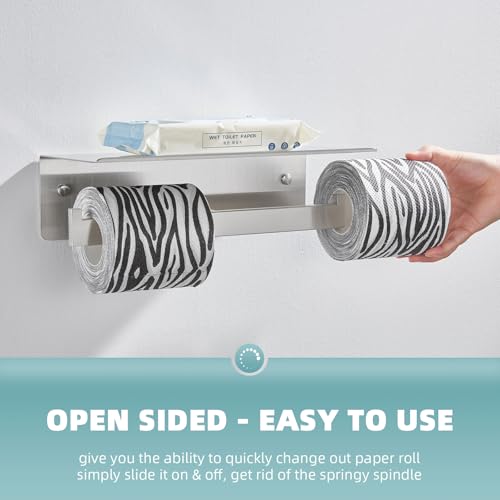 Angle Simple Bathroom Toilet Paper Holder, SUS 304 Stainless Steel Toilet Tissue Roll Holder with Storage Shelf, Wall Mount - color: Brushed Nickel, size: Double Rod