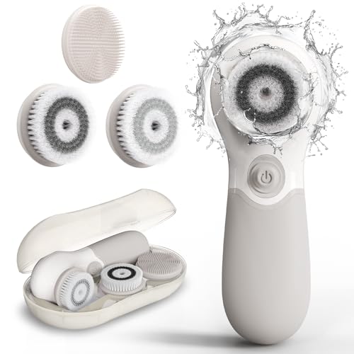 Face Scrubber with 3 Brush Heads & 2 Speeds - Deep Cleaning, Exfoliating, and Massaging for All Skin Types - Facial Cleansing Brush Includes Silicone Head, Travel Case & Free-Plastic Packaging - color: Grey