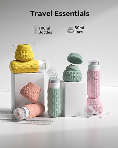 Silicone Travel Bottles for Toiletries 8 Pack Travel Size Toiletries 3.4 oz 1.7 oz, Leakproof Squeeze Travel Size Containers Refillable Cosmetic Jars Set for Shampoo, Conditioner, Creams - color: Pink Yellow-3.4oz/1.7oz