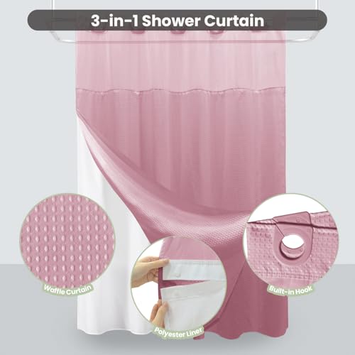 Inhousolu No Hook Shower Curtain with Snap-in Fabric Liner, Waffle Weave 230 GSM Polyester, Weighted Hem, Water Repellent Washable, Mesh Top Window 72" W x 72" L Pink - color: Pink, size: 72"W x 72"L (Pack of 1)