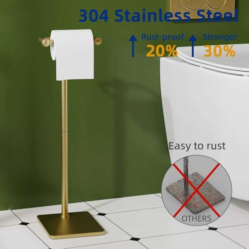 RUACQ Toilet Paper Holder Stand, Bathroom Toilet Paper Roll Holder Free Standing, Toilet Tissue Holder Stand with Post Pivoting Design, Stable Weighted Base, SUS304 Stainless Steel (Brushed Gold) - color: Brushed Gold, size: Free Standing