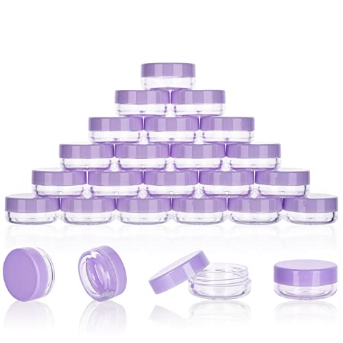 3 Gram Sample Jars with Lids, 25 Count Mini Cosmetic Containers - Makeup Travel Containers with Labels, Tiny Disposable Spatulas - color: Purple