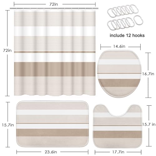 Beige Shower Curtain Set with Toilet Lid Cover and Non-Slip Rugs for Bathroom, Modern Striped Lines 4 Pcs Shower Curtain, Simple Abstract Bathroom Set with 12 Hooks - color: Stripes Beige