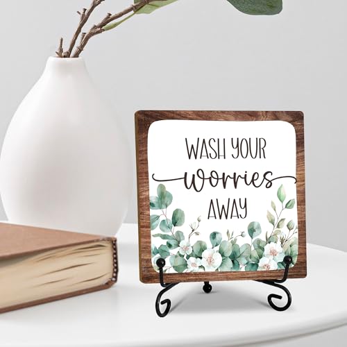 5" Bathroom Decor, Wash Your Worries Away Sign, Sage Green Bathroom Laundry Room Decor, Bathroom Guest Bathroom Decoration, Funny Toilet Bathroom Plaque Sign Table Shelf Decor-A01 - color: Wash Your Worries-01