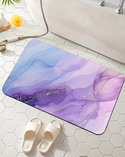 Elightvap Purple Golden Marble Bathroom Mat Quick Drying Non Slip Bath Mats Absorbent,Bath Mat Quick Dry Bathroom Rug in Front of The Kitchen Sink, Shower Room, Bathtub,17 * 29.5 Inches - color: Purple Golden Marble