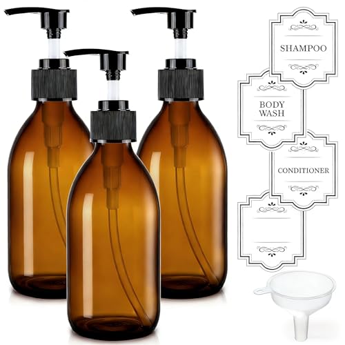 8 oz Amber Glass Soap Dispenser, 250ml Glass Pump Bottle for Body Lotion Massage Oil, Refillable Empty Hand and Dish Soap Dispensers Set with Labels - 3 Pack - color: Amber