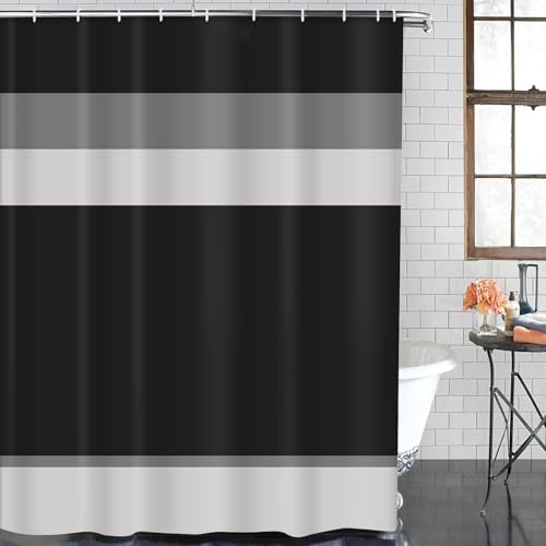 ArtSocket Black Grey Geometric Bathroom Set with Shower Curtain and Bath Rugs and Accessories, Striped Modern Non-Slip 3 Pcs, 72" L x 72" W Curtain, 23.6" L x 15.7" W + 19.7"x 31.5" Rugs - color: Black Grey