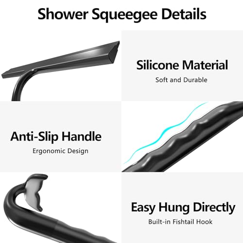 Shower Squeegee for Glass Doors, All-One-Piece Winning - Silicone Squeegee | Squeegee with Built-in Hook for Shower Glass,Bathroom, Window, Mirror, Tile Wall,Car, Streak-Free Cleaner Tool,10-Inch,Black - color: Black