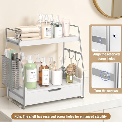 2-Tier Bathroom Counter Organizer with Drawer and Removable Basket, Wood Vanity Countertop Storage for Perfume, Makeup, Skincare, Bathroom Counter Shelf, 13" x 7.9" x 14.5", Silver - color: Silver