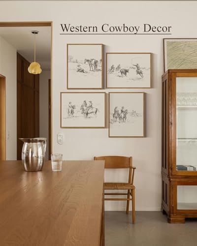 InSimSea 4 pcs Framed Wall Art, Vintage Sketch Western Cowboy Canvas Prints, Bathroom Bedroom Southwest Decor, Neutral Toned, Country Shelf Decor, Small Size,11x14in - color: Western Cowboy Sketch
