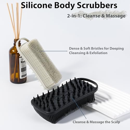 MtBoi 2 PC Silicone Body Scrubber, 2 in 1 Exfoliating Shower Bath Scrubber, Soft Silicone Loofah for Sensitive Skin, Shower Hair Scalp Massager, Easy to Clean, Lather Well (Grey&Black) - color: Grey&black