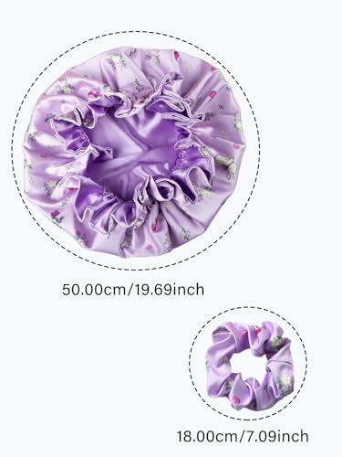 Floral Satin Bonnet with Scrunchie Set,Double Layer Ruffle Reusable Sleeping Shower Cap for Curly Hair Purple-rabbit - color: Purple-rabbit