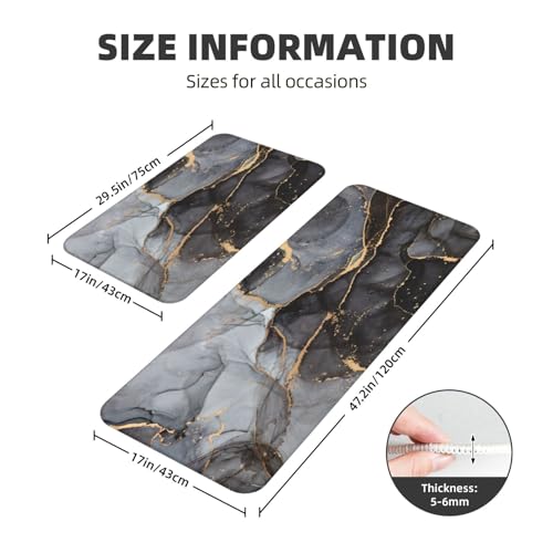 Black Grey Marble Print Kitchen Rugs Microfiber Floor Mats Cushioned Carpet Runner Rug for Laundry Bathroom Living Room, 2 Piece Set 17"X 47" + 17"X 30" - color: Black Grey Marble Print