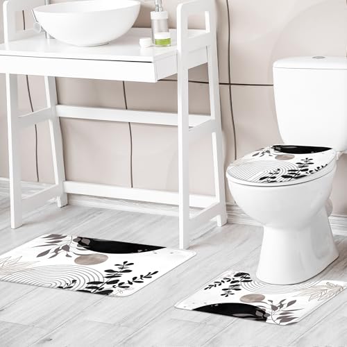 Riyidecor Black White Boho 4Pcs Bathroom Shower Curtain Sets Gray Retro Abstract Leaves Bathroom Decor Set with Rugs and Accessories Modern Neutral Toilet Lid Rug, Contour and Bath Mat with 12 Hooks - color: 06black White