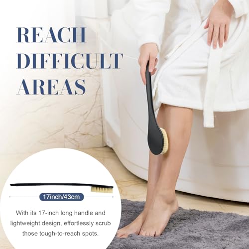 Back Scrubber for Shower, Shower Body Brush for Cleaning with Long Handle for Showering, 17 Inch Back Washer Exfoliator for Shower Men Women with Non-Slip Handle, Adhesive Hook (Black-Boar Bristles) - size: Black - Boar Bristles