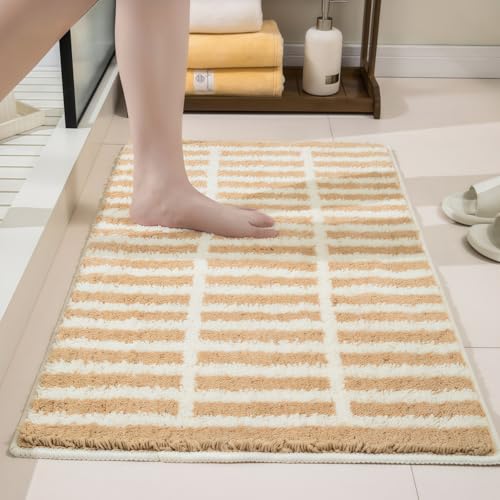 GIB Bathroom Rugs Mat 32" x 20", Extra Soft Absorbent Plush Fluffy Bath Rugs, Non-Slip Washable Bath Mats for Bathroom Floor Shower Home Decor Accessories, Warm Beige & Cream Striped - color: Beige Striped, size: 32" X 20"