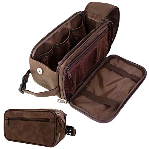 PAVILIA Toiletry Bag for Men, Travel Essentials Shaving Dopp Kit, Mens Travel Bag Toiletries Organizer Case for Grooming, PU Leather Water Resistant Cosmetic Bag Pouch (Dark Brown) - color: Dark Brown, size: Large (10.5x5.5x6)