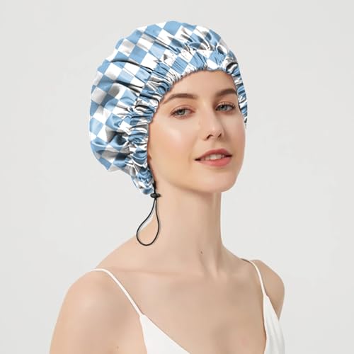 2 PCS Shower Cap Adjustable Reusable Double Waterproof Layer Elastic Hair Bath Cap Cute Aesthetic for Women Girls-Checkered - color: I2-Checkered