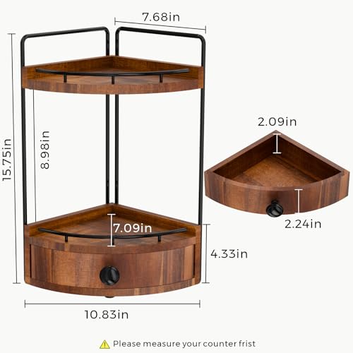 2-Tier Corner Bathroom Counter Organizer with Drawer & Embedded Screw Holes - Wooden Countertop Organizers for Skincare, Makeup Storage, Bathroom Sink Counter Shelf for Vanity, Acacia Wood-Brown - color: Acacia Wood-brown
