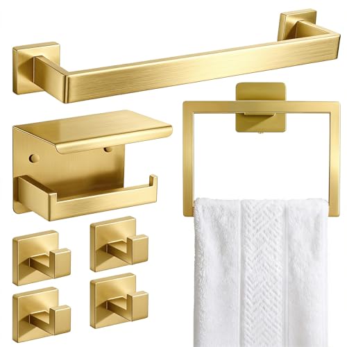 Brushed Gold Bathroom Accessories Hardware Set, 7-Pieces Stainless Steel Towel Racks for Bathroom, 16 Inch Towel Bar, Towel Holders, Updated Toilet Paper Holder with Shelf Wall Mounted - color: Gold, size: 7 Pieces