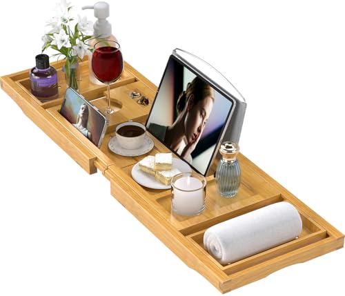 Bathtub Tray Caddy, Expandable Bath Trays for Tub, Bamboo Shelf & Table with Wine Glass Holder,Bathroom Accessories for New Home & Mothers Day & Birthday Gifts for Mom - color: Natural