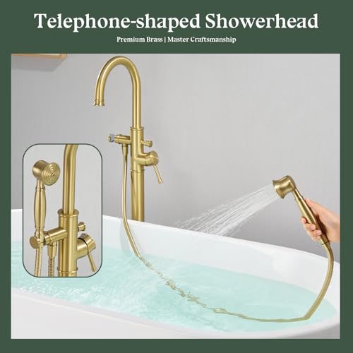 Free Standing Tub Faucet, Wintap Classic Freestanding Bathtub Faucet with Sprayer Brass Elegant Floor Mount Bath Faucets High Flow Roman Tub Filler, Brushed Gold （WT-3311BG） - color: Brushed Gold