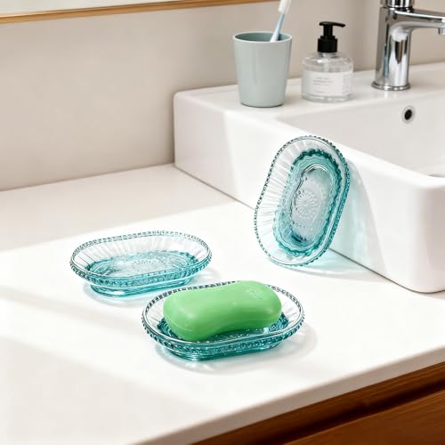 Foraineam 3 Pack Glass Soap Dish, Decorative Embossed Bar Soap Saver Tray Holder for Shower Room, Bathtub, Bathroom Counter, Kitchen Sink